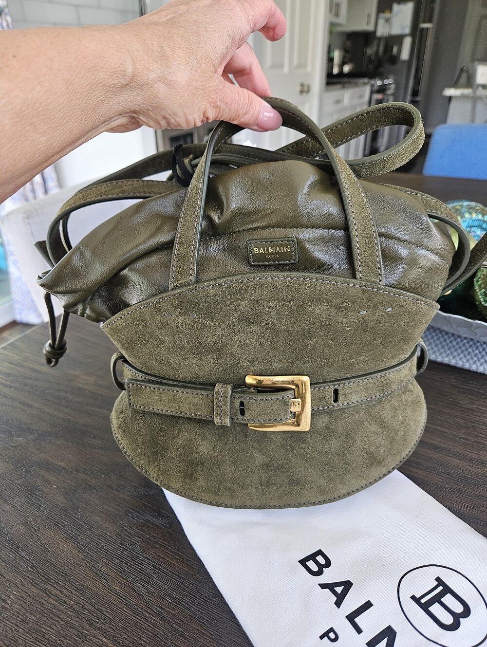 Balmain Khaki Shuffle Mini Belted Top Handle Suede & Leather NWT - Picture 6 of 13